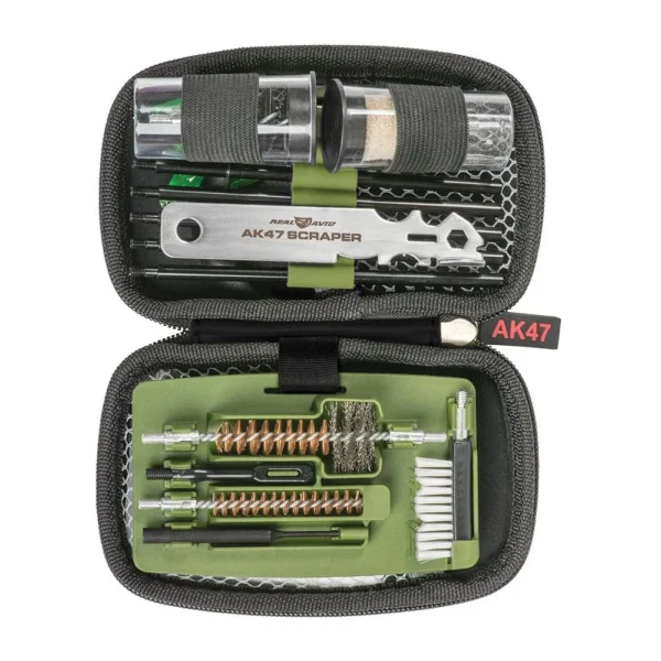 REAL AVID GUN BOSS AK47 open black zippered case with brushes, rods and scraper, top view