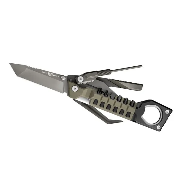 REAL AVID PISTOL TOOL black and gray side view with open blade and fold-out tools