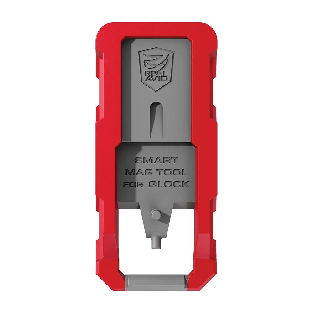 real-avid-smart-mag-tool-primary Real Avid Smart Mag Tool for Glock, gray tool in a red rectangular frame, front view