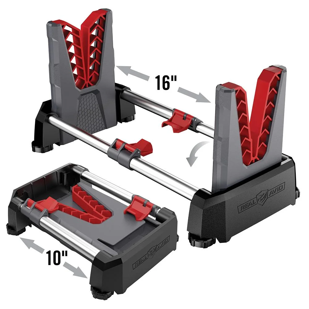 real-avid-speed-stand-primary Real Avid Speed Stand Fold and Go black, silver and red stand shown open and folded, angled view