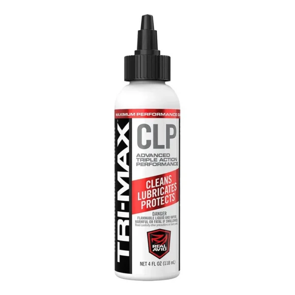 REAL AVID TRI MAX CLP 4OZ BOTTLE, white bottle with black nozzle cap and red label, front view