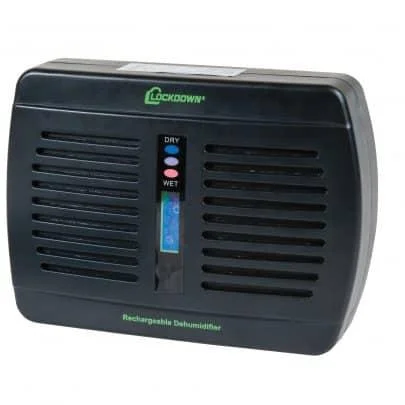 AOB Lockdown Rechargeable Dehumidifer, black front view with vents and indicator panel