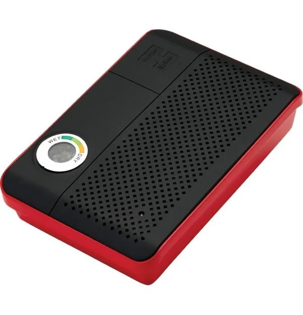 rechargeable-gun-safe-dehumidifier-primary-1 Hornady Rechargeable Gun Safe Dehumidifier, black perforated case with red edges, top view
