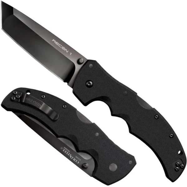 Cold Steel Recon 1 Tanto Lockback Knife, black knife shown open and folded