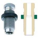 Redding Body Die, front view of silver threaded die beside a cutaway diagram