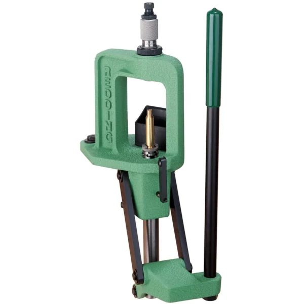 Redding Boss Reloading Press, front view of green press with upright black handle