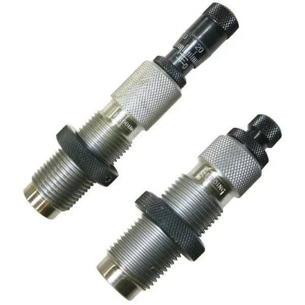 Redding Premium Series Full Length Handgun Die Set, two silver dies in angled view