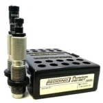 Redding 30 Nosler Premium Series Full Length Die Set, two metal dies beside a black storage case