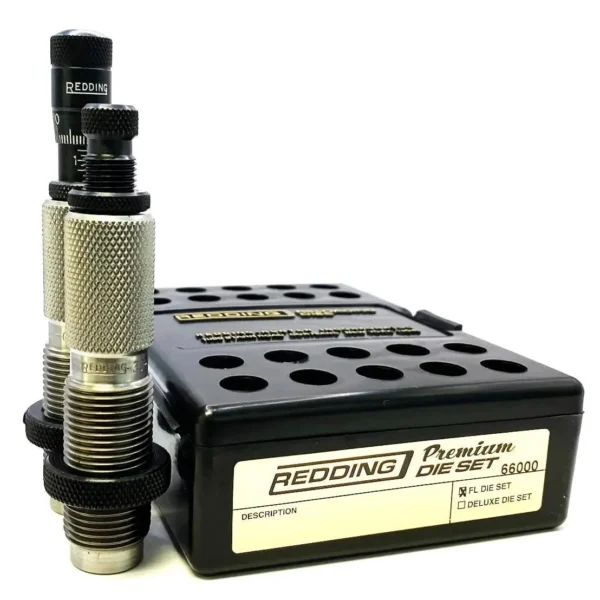 Redding 30 Nosler Premium Series Full Length Die Set, two metal dies beside a black storage case