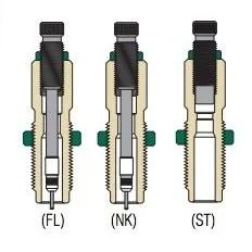Redding Series B Deluxe Die Set, three labeled cutaway die diagrams with green adjustment knobs