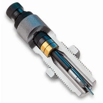 Redding Type S Full Bushing Die .28 Nosler, angled cutaway view with knurled silver body