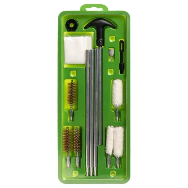 Remington Aluminum Cleaning Kit Shotgun, top view in green case with rods, brushes and patches