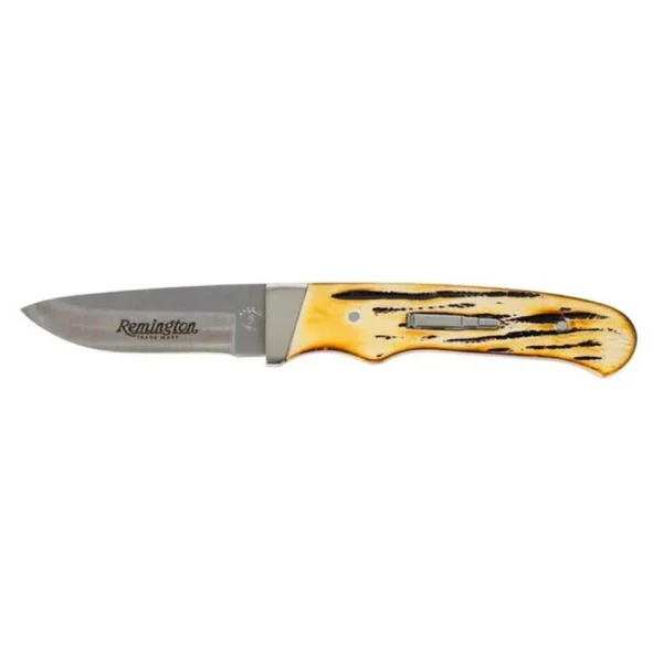 Remington 2026 Bullet Knife King of the Mountain, open side view with drop-point blade and stag bone handle