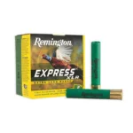 Remington REM EXP LR, green and yellow ammunition box with two green shells
