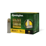 Remington Golden Saber Defense Ammunition, green box beside one upright cartridge