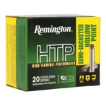 Remington HTP Handgun Ammunition, green and yellow box in angled front view