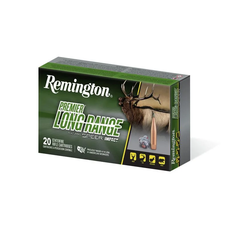 remington-premier-long-range-7mm-prc-175gr-speer-impact-ammo-primary Remington REM SPR IMPCT, green and black ammunition box in angled front view