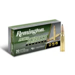 Remington Premier Scirocco Rifle Ammunition, green box with two brass cartridges beside it