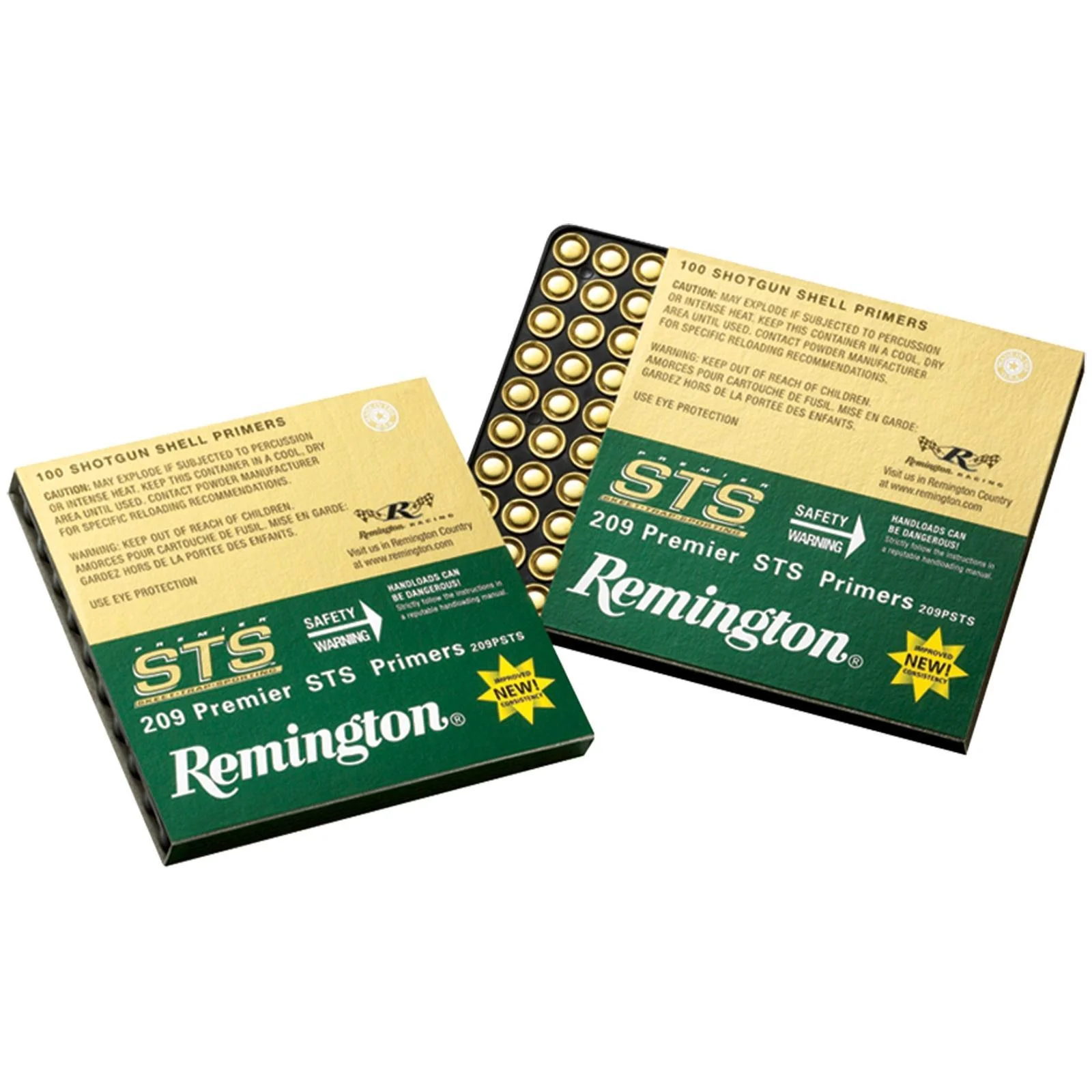 remington-premier-sts-209-shotshell-primer-slug-primary Remington Premier STS 209 Shotshell Primers, two green boxes with trays of gold-coloured primers