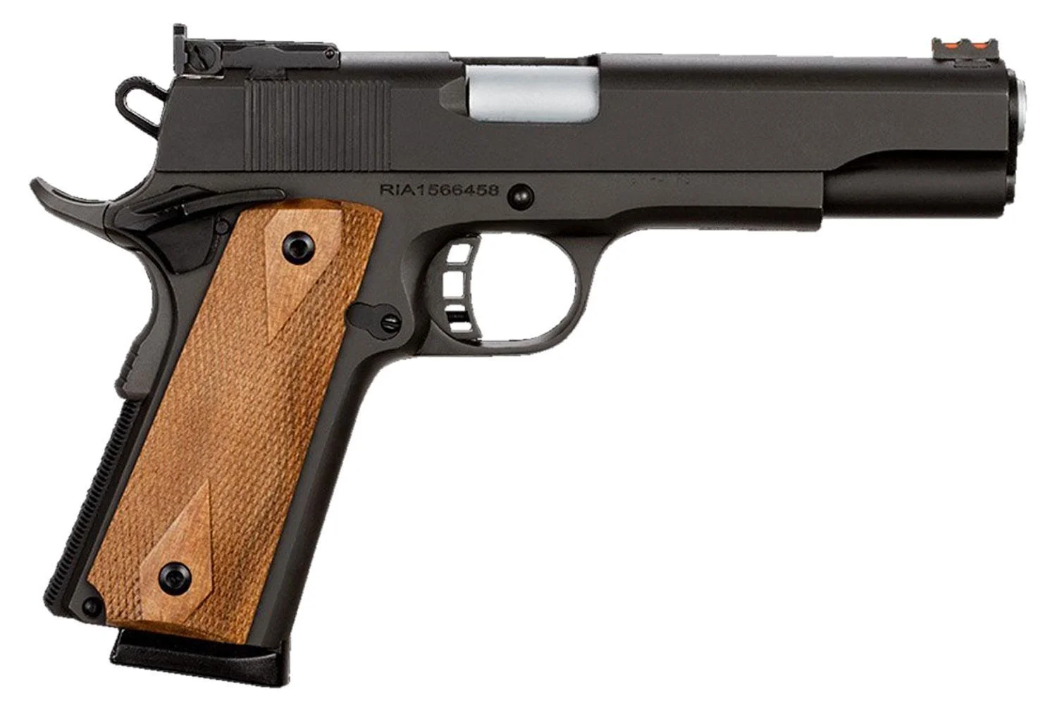 ria-pro-match-ultra-1911-45-acp-primary Rock Island Armory RIA PRO Ultra Match Handgun, black right-side view with brown grip panels
