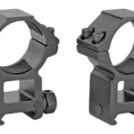 RITON 30MM HIGH RING SET, two gray scope rings in angled front view with mounting knobs