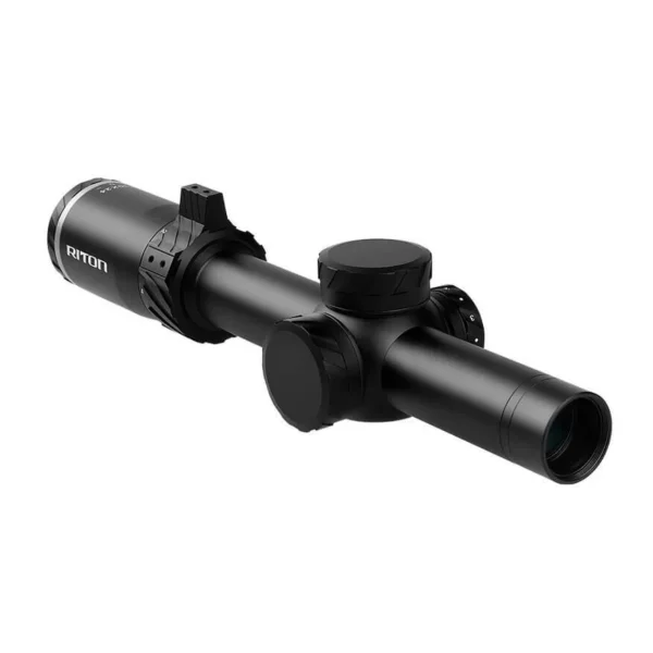Riton 5 Tactix LPVO black rifle scope, angled side view with adjustment turrets