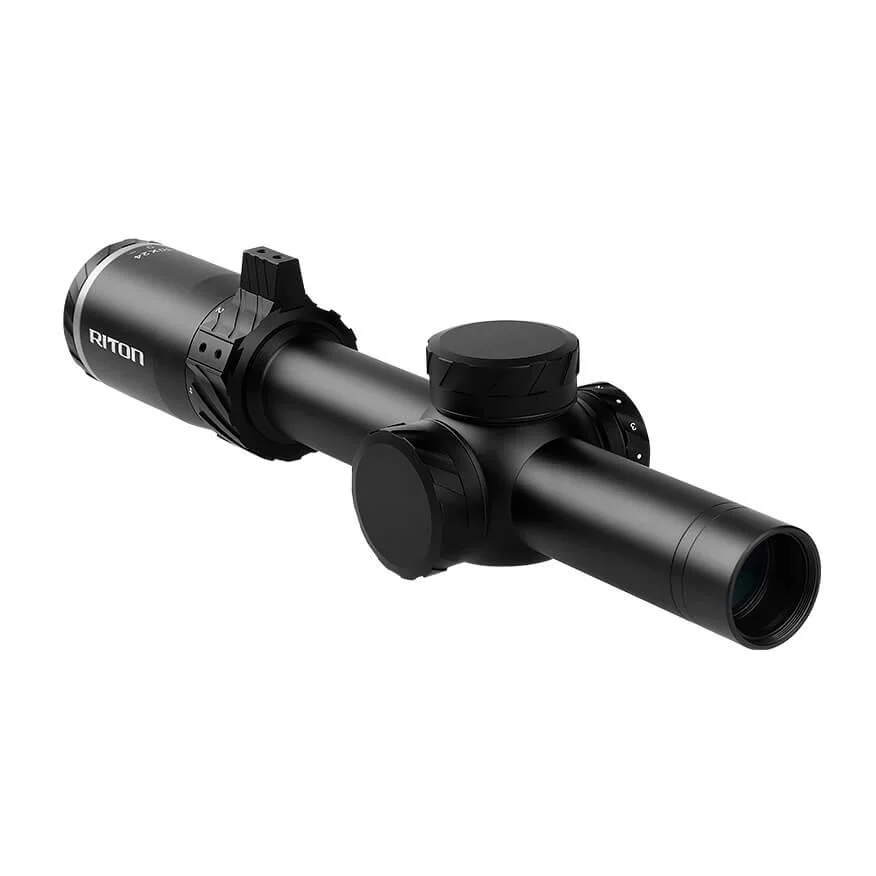 riton-tactix-lpvo-rifle-scope-primary Riton 5 Tactix LPVO black rifle scope, angled side view with adjustment turrets