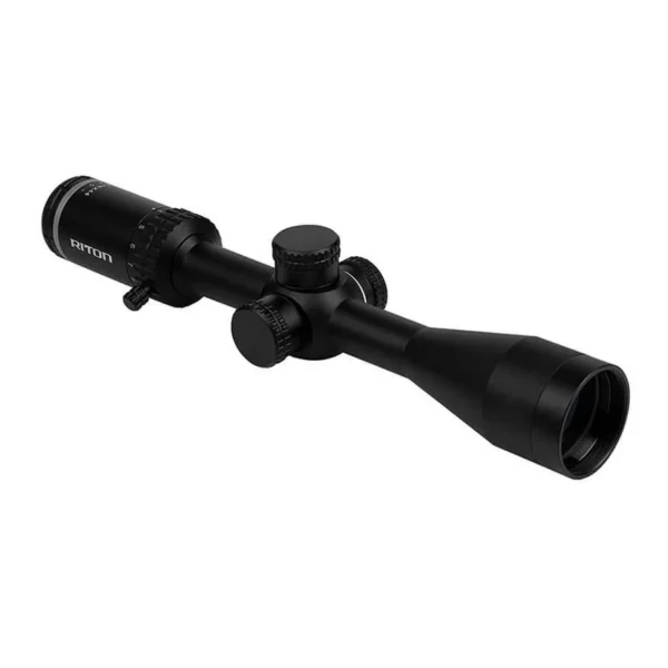 RITON 1 PRIMAL 4-16X44 SFP BLK, black riflescope angled right with adjustment turrets