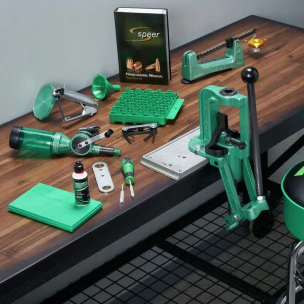 RCBS Rock Chucker Supreme Master Reloading Kit, green press and tools arranged on a bench