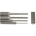 Lyman Roll Pin Punch Set, five metal punches and cylindrical holder arranged on white