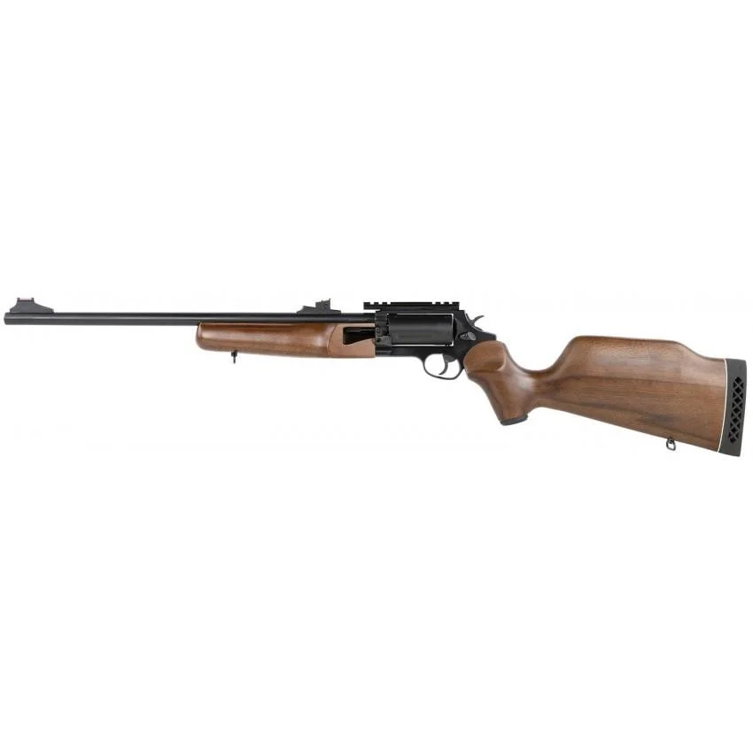 rossi-circuit-judge-rifle-45-colt-410-mag-primary Rossi Circuit Judge Rifle, left-side view with black barrel, brown wood stock and fore-end