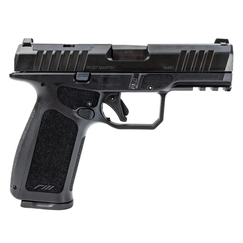 rost-martin-rm1cx-9mm-handgun-primary-1 Rost Martin RM1CX Handgun, black left-side view with textured grip, rail and slide serrations
