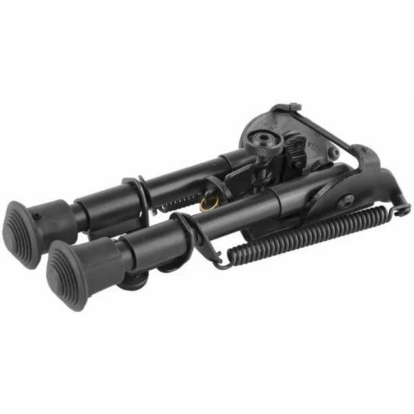 Harris Bipods BR2 Rotating Self Leveling Bipod, folded black angled view with spring-loaded legs