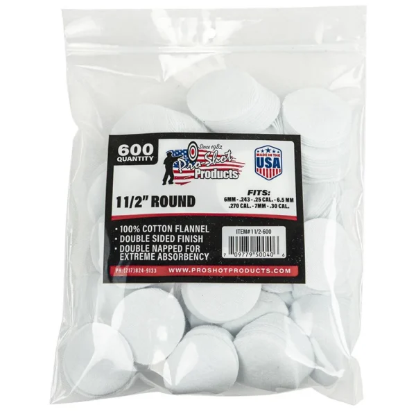 Pro-Shot 1 1/2-inch Round Cotton Patches, clear bag filled with white patches and labeled 600 count