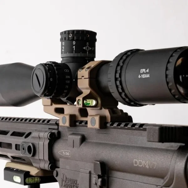 Rubicon Precision Manufacturing RPM Bravo cantilever mount, tan side view beneath a black scope