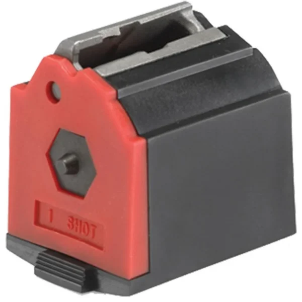 Ruger Rifle magazine for 10/22, black and red magazine in angled side view
