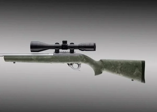 HOGUE RUGER 10/22 STOCK OVERMOLD STANDARD BRL, green right-side view with mounted scope