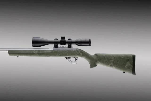 ruger-10-22-overmolded-stock-ghillie-green-primary HOGUE RUGER 10/22 STOCK OVERMOLD STANDARD BRL, green right-side view with mounted scope