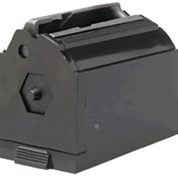 Ruger Rifle Magazine, black angled side view with feed lips and textured base tab