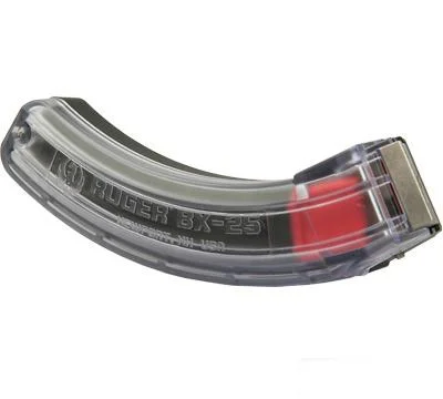 Ruger BX-25 curved clear rifle magazine, side view with red follower visible