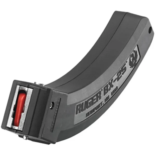 Ruger BX-25 rifle magazine, black angled side view with curved body, logo and red follower