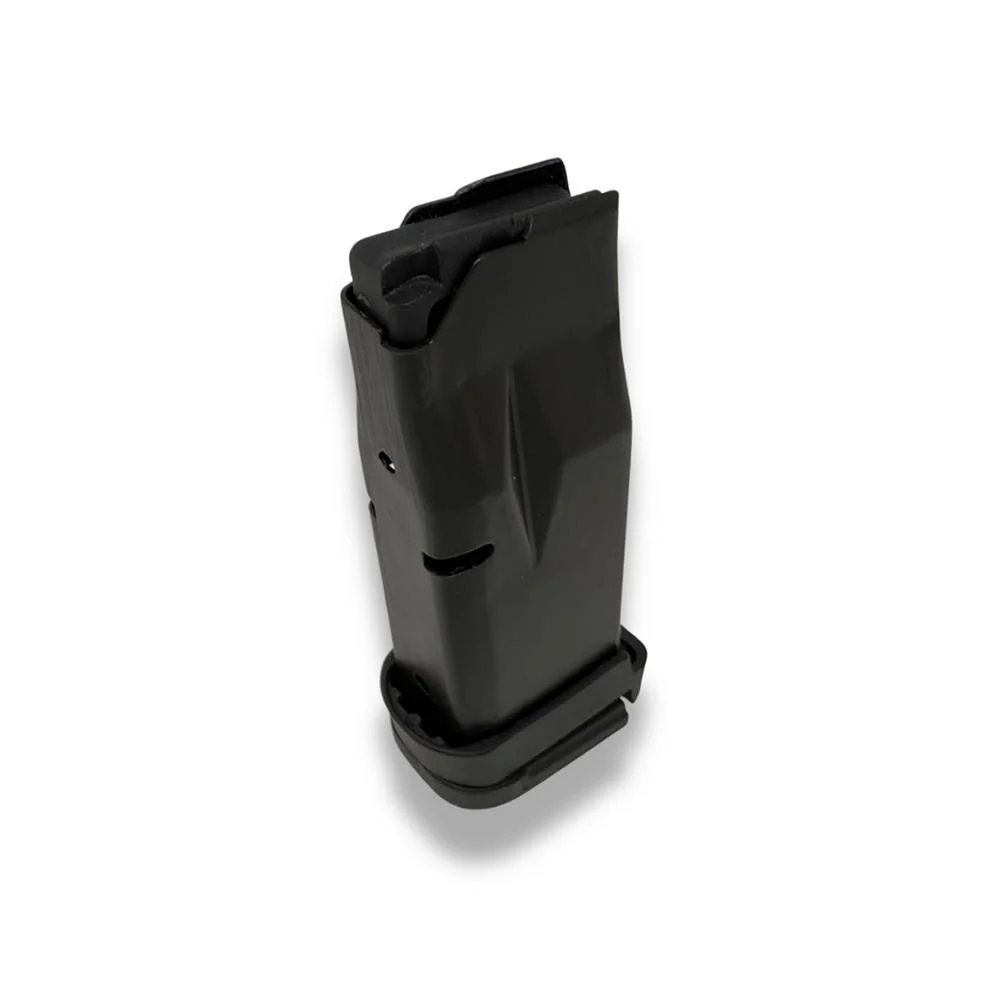 ruger-max-9-9mm-12-round-magazine-primary-1 ProMag Ruger Max-9 black handgun magazine, angled front view with extended baseplate