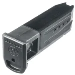 Ruger Handgun Magazine for SR9, angled view of a dark blued steel magazine with black baseplate