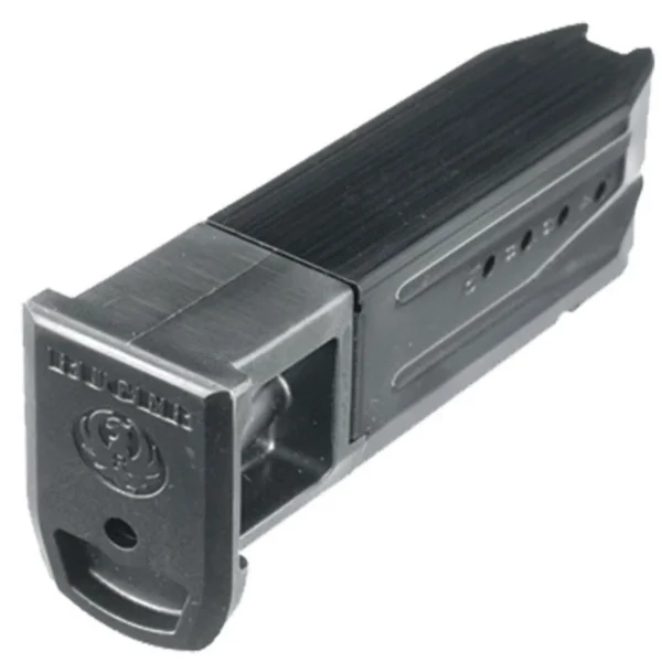 Ruger Handgun Magazine for SR9, angled view of a dark blued steel magazine with black baseplate