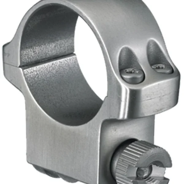 Ruger 1-inch medium stainless ring, angled front view with clamp screw and silver finish