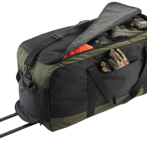 Champion Shooters Ridge Hunters Wheeled Duffle Bag, black and olive angled view with handle extended