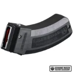 Ruger BX-15 Magnum black curved rifle magazine, left side view with red follower