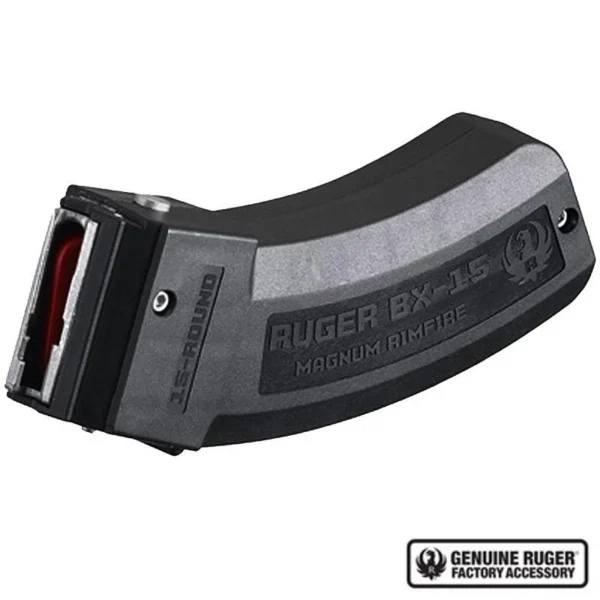 Ruger BX-15 Magnum black curved rifle magazine, left side view with red follower