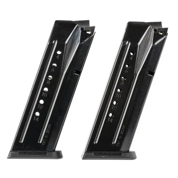 MAG RUGER SEC-9/PC, two black magazines in angled side view with witness holes and baseplates