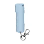 SABRE Flip Top Gel blue canister with silver keyring clip, front view